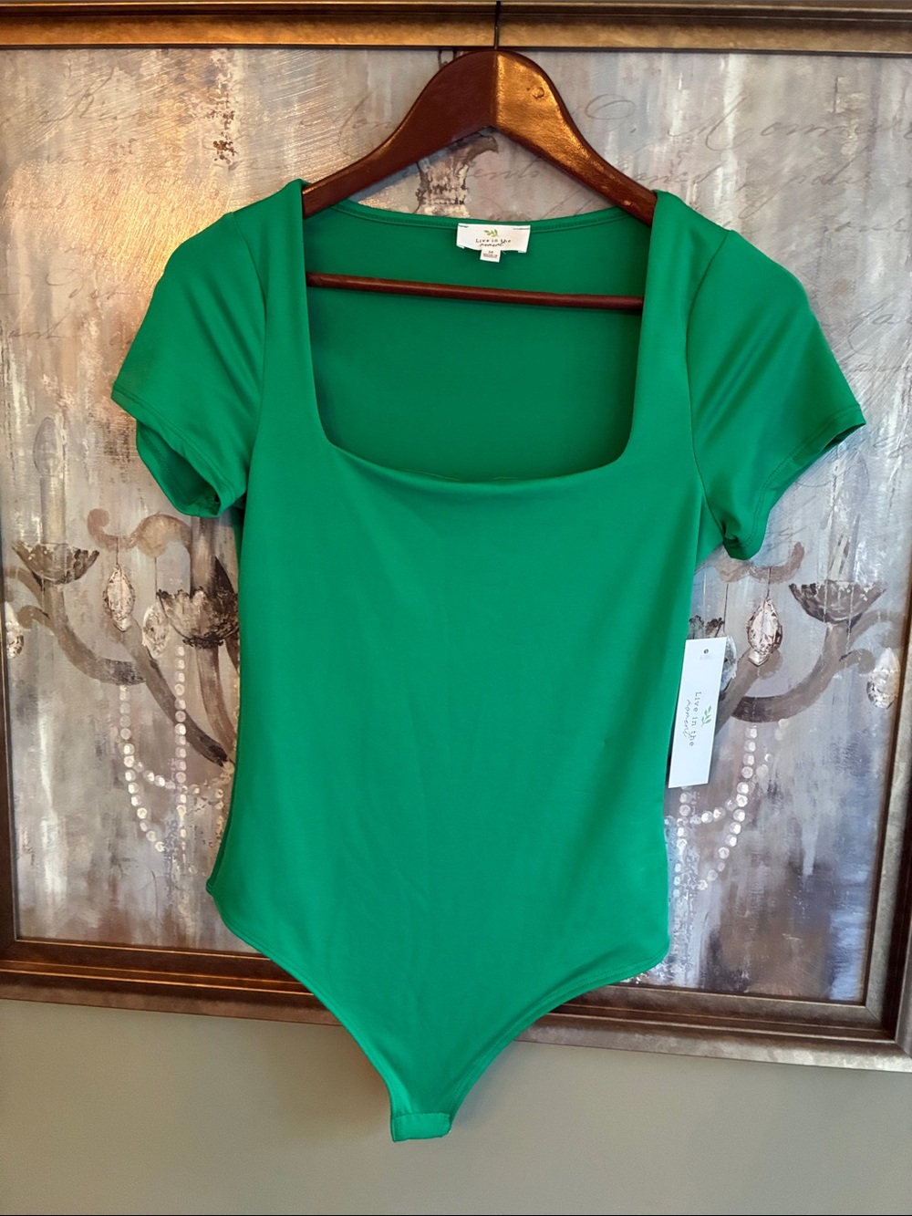 Live in the Moment Square Neck Short Sleeve Green Bodysuit Size Medium